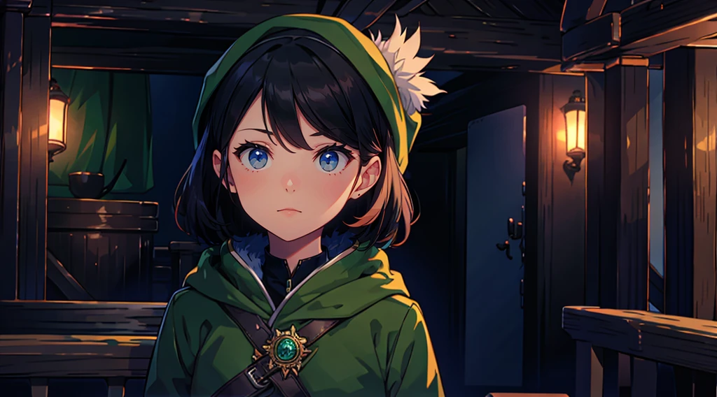 yuichiro hyakuya girl, (WithoutFear:1), 1 girl, black hair, green eyes, brown coat, gray armor, elves, sylvan, green shield, green cloak, dark brown gloves, forest, white fur trim, anime, standing, good quality, portrait, looking at viewer