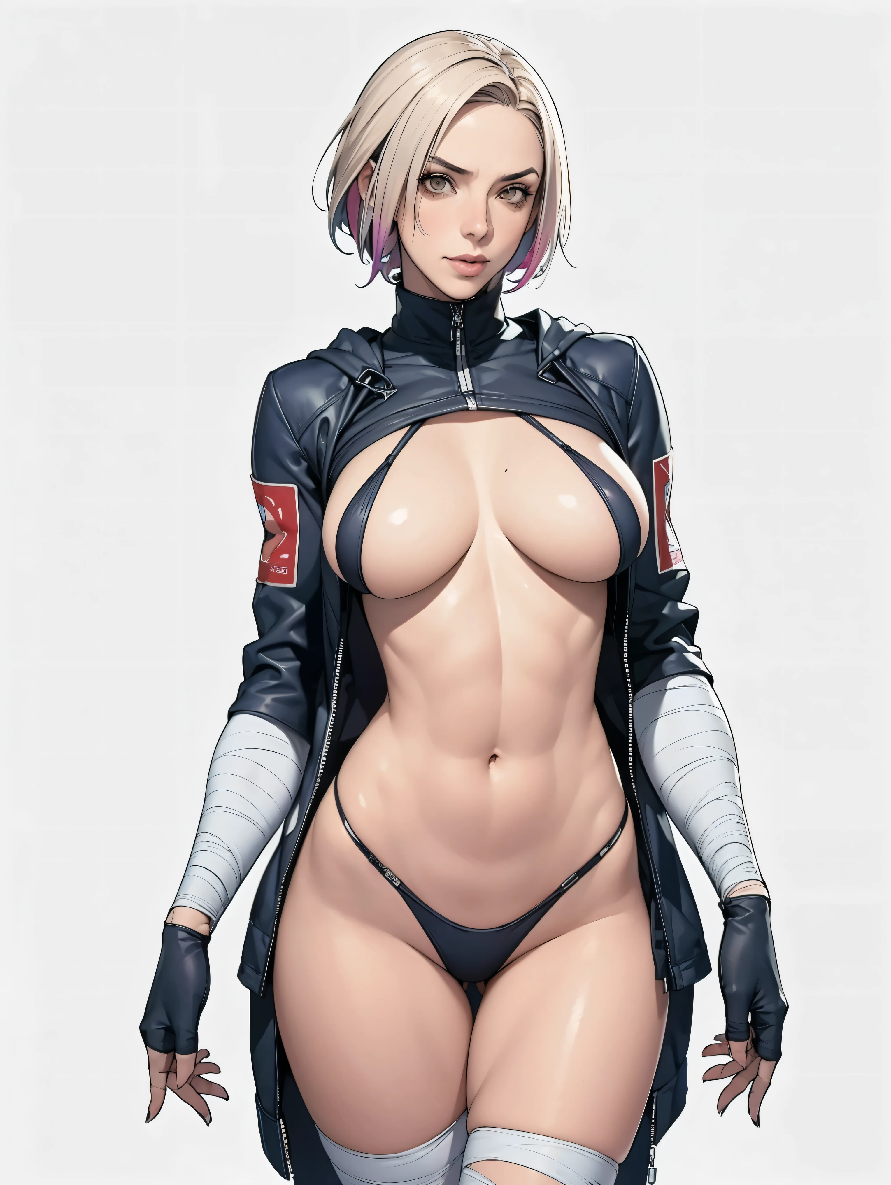(((Annie Lennox))), (((colorful suit))), (scars), (((bandaged arms))), (((colorful clothes))) (( hood)), (((best quality: 1.4))), (Unbeatable masterpiece), (hyper HD),(CG 8k hyper-realistic), beautiful face, (((breasts big))), (((hyper feminine))), sexly girl, black tattoo,(ultra short red hair with white highlights)), ((( sculptural body ))), (((1 Kizi))), Kizi tatuada de 25 anos com perfect body,,Beautiful and well-groomed face,muscular body:1.2,solid color detailed jacket, (Head to thigh photos), Complex equipment, ,Tight clothes,With white stars and off-white stripes,,,,,Armor Metal Electronic Parts, Poison tattoos ) INFO, Kizi, (((standing alone))), , 24歳, sexy, pose de attitude, work of art, dancing, ((slight smile)), post-apocalypse, (((manga style))), bounty hunter, the way you want, perfect body, roupa moderna, advanced technology, white, yellow accent, black, red accent, fur collar jacket, sleeves with vertical striped pattern, background city, (( cowboy shot )). intricate visual, narrow waist, (((wide hips))), wide hips, fit thighs, (((thigh gap))), Thigh gap, background shows a futuristic airplane, open expression, expression happy