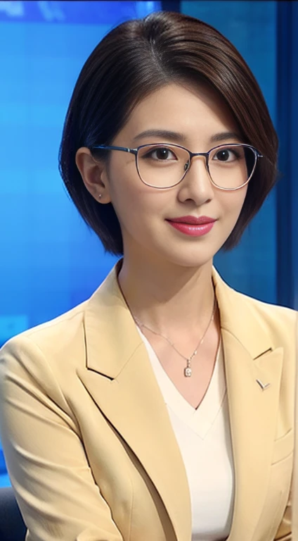 Best image quality、Ultra-high resolution、One Girl、Beautiful Face、short hair、Announcer wearing a tight long-sleeved suit、Sitting in the studio、Glasses