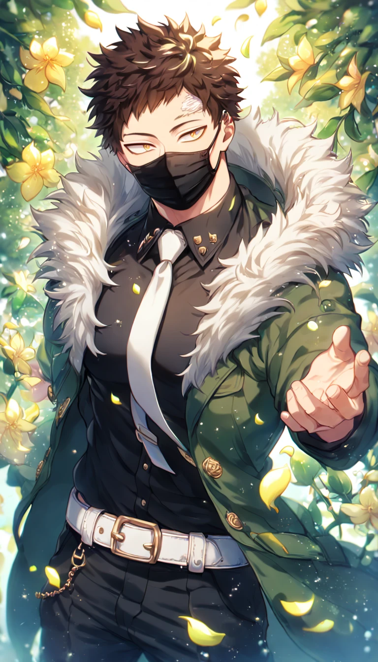 Ultra detailed, HDR, Highres, absurdres, master piece, Overhaul, dark brown hair, short hair, short bangs, expressivee yellow eyes, green coat with a fur collar, black shirt, white necktie, black pants, white belt, Boku No Hero Academia, black surgical mask, sexy man, handsome, flowers, petals, fantasy, magical, green leaves, summer, handsome, sensual, best quality, glittering, solo, manly man, water