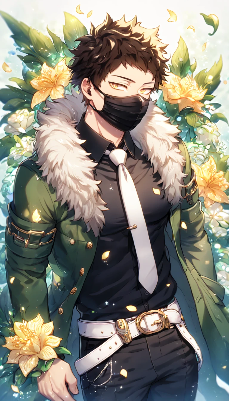 Ultra detailed, HDR, Highres, absurdres, master piece, Overhaul, dark brown hair, short hair, short bangs, expressivee yellow eyes, green coat with a fur collar, black shirt, white necktie, black pants, white belt, Boku No Hero Academia, black surgical mask, sexy man, handsome, flowers, petals, fantasy, magical, green leaves, summer, handsome, sensual, best quality, glittering, solo, manly man, water