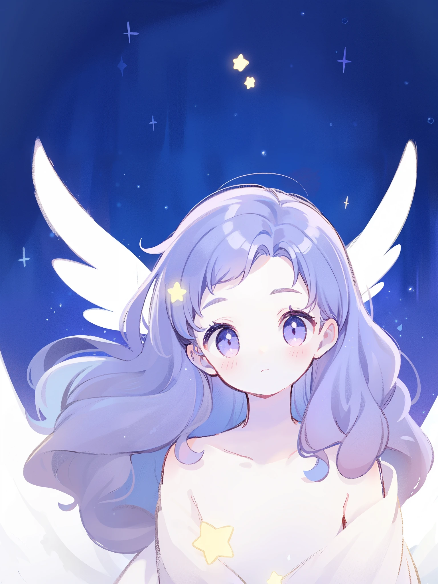 nude angel girl wearing an ethereal translucent dress, pale skin, ((wavy gradient blue purple hair)), white feathers, angel wings, sparkling detailed eyes, golden ratio face, perfect composition, highly detailed, ethereal, (starry night sky background), midjourney style