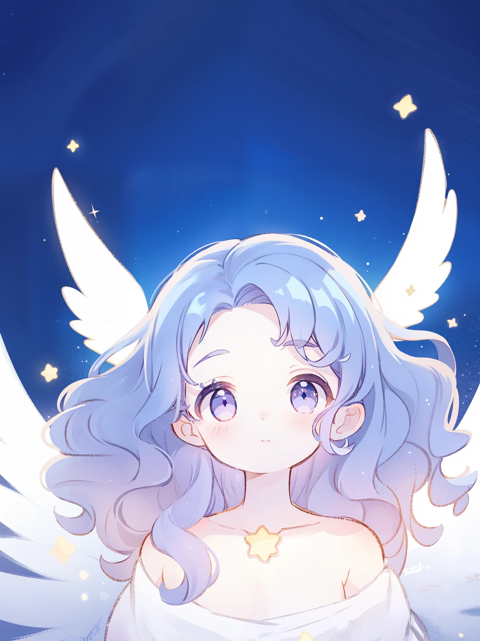nude angel girl wearing an ethereal translucent dress, pale skin, ((wavy gradient blue purple hair)), white feathers, angel wings, sparkling detailed eyes, golden ratio face, perfect composition, highly detailed, ethereal, (starry night sky background), midjourney style