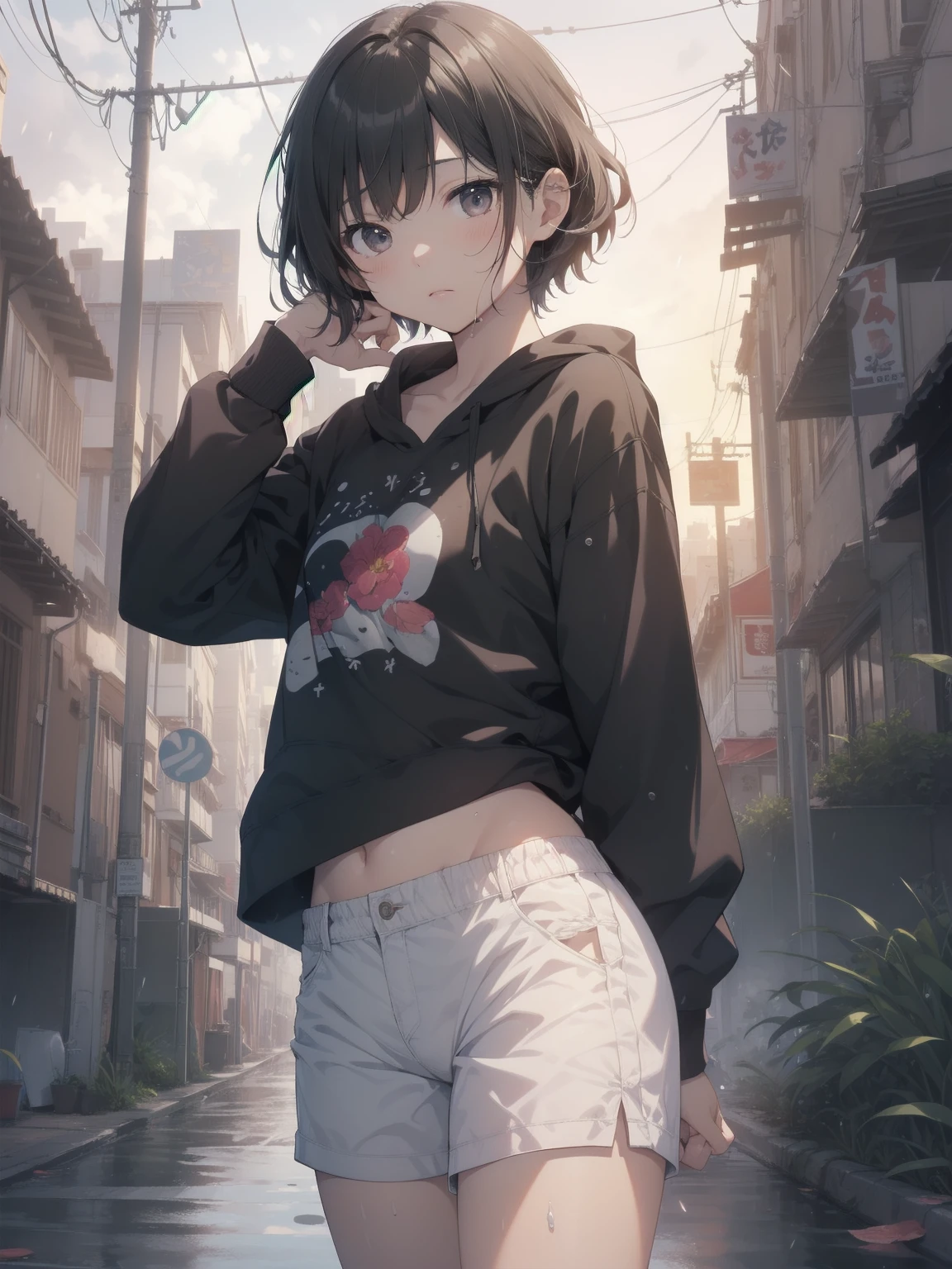 Original Character, Volumetric Lighting, Best Shadows, Shallow Depth of Field, Portrait Of Stunningly Beautiful Girl, Petite, Delicate Beautiful Attractive Face With Alluring Black Eyes, Sharp Eyebrows, Shyness, Blushing, Open Mouth, Lovely Small Breasts, Layered Short Brown Twintail Hair, Blush Eyeshadow, Thick Eyelashes, Soaking Wet Clothes And Hair, See-Through Tank Top, Open Navel, Straps Short Pants, Cloudy Rainy Sky, Standing At The Rural Village Bus Stop In The Pouring Rain, Village Gravel Road, Looking At Viewer, Puddle Water, Rainy Foggy Rustic Scenery, Squeeze Water From Clothes, (Highest Quality, Amazing Details:1.25), (Solo:1.3), Brilliant Colorful Paintings
