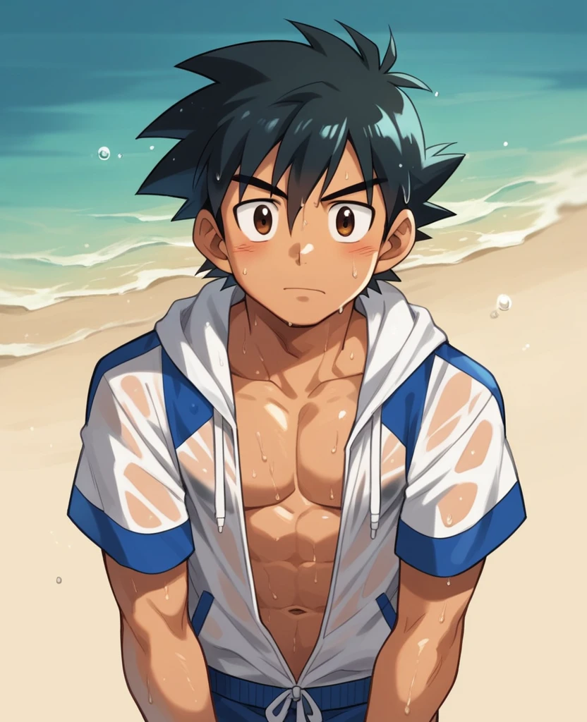 1boy, 1solo, ash ketchum, black hair, brown eyes, hair between eyes, ash ketchum, on beach, open shirt, short sleeves, shirtless, male swimwear, wet hair, wet skin, sweat skin, handsome boy, macho, good looking boy, striking a pose