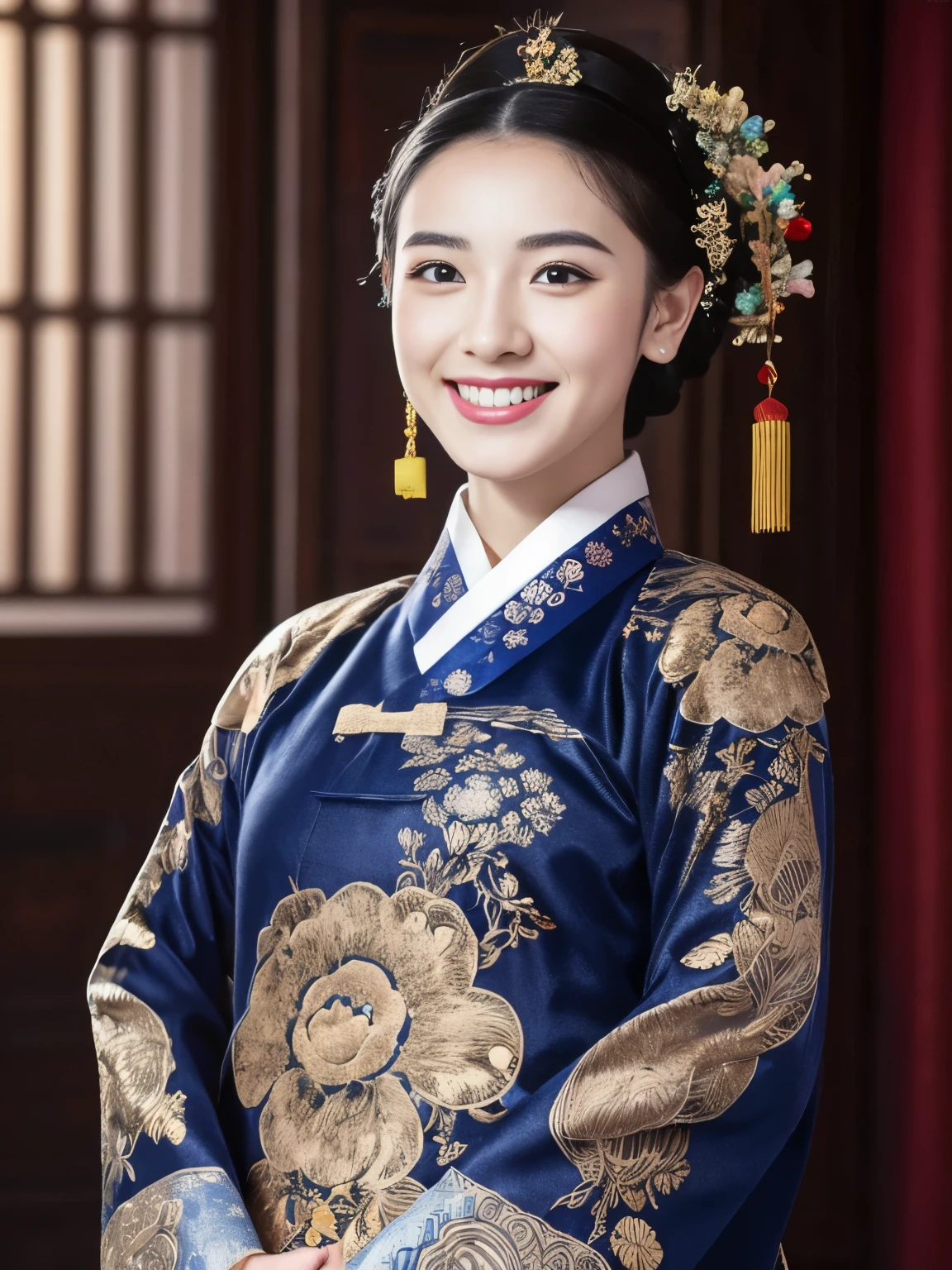 Woman wearing Chinese clothing,Upper body portrait,Cute smile,Updo,Very fine clothing,masterpiece,8k,Topics on pixiv,Highest quality,
