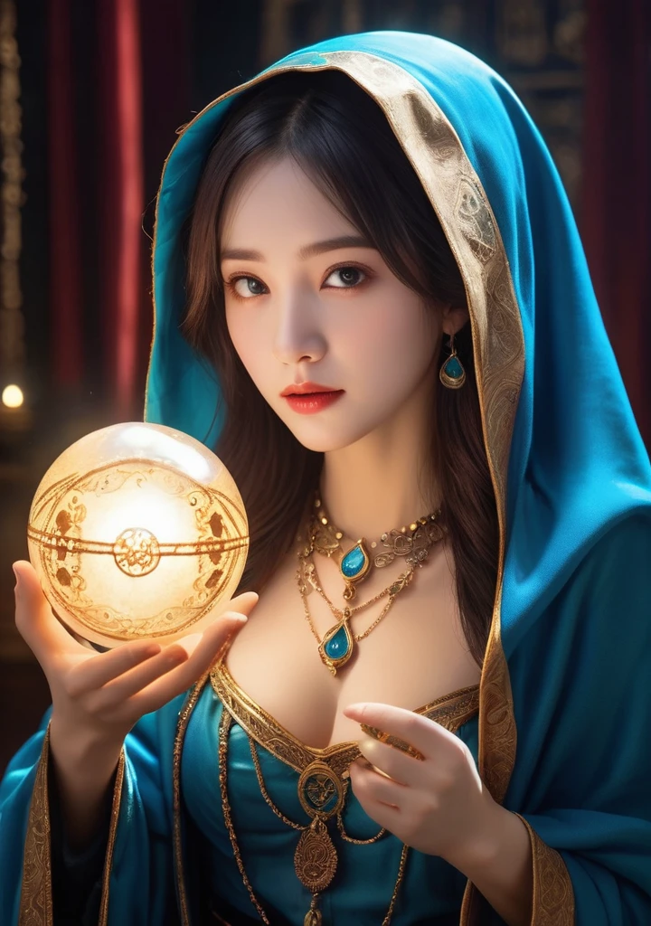 Overall body orientation: frontal. Female fortune teller. Charming, beautiful and mysterious. She wears a blue cloak over her head and has a clear face. The background is bright and glittering. The atmosphere is full of anxiety and anticipation. The fortuneteller is standing. He holds a crystal ball in each hand. The lighting in the room is bright, creating a fantastic atmosphere. Top image quality, 4K or 8K resolution. The level of detail is very fine and photorealistic. Artistic style should reflect the aesthetic of the formula with bright colors and strong contrasts. The color palette should emphasize the mysterious and mystical theme of the piece. The fortune teller's cloak is decorated with metal trim and intricate designs, with a thickness ratio of 1.5 The overall mood is stellar and fantastical. The fortune teller's expression should evoke mystical interest. There is no one there but the fortune teller.