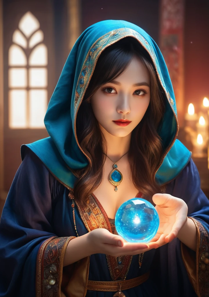 Overall body orientation: frontal. Female fortune teller. Charming, beautiful and mysterious. She wears a blue cloak over her head and has a clear face. The background is bright and glittering. The atmosphere is full of anxiety and anticipation. The fortuneteller is standing. He holds a crystal ball in each hand. The lighting in the room is bright, creating a fantastic atmosphere. Top image quality, 4K or 8K resolution. The level of detail is very fine and photorealistic. Artistic style should reflect the aesthetic of the formula with bright colors and strong contrasts. The color palette should emphasize the mysterious and mystical theme of the piece. The fortune teller's cloak is decorated with metal trim and intricate designs, with a thickness ratio of 1.5 The overall mood is stellar and fantastical. The fortune teller's expression should evoke mystical interest. There is no one there but the fortune teller.