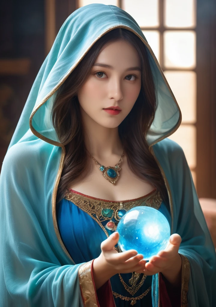 Female fortune teller. Body and face orientation: front. Charm, Beautiful and mysterious. She is wearing a blue cape、Have a clear face. Shining brightly, Filled with anxiety and anticipation. A fortune teller is standing. He is holding a slightly large crystal ball in each hand.. The lighting in the room is bright, Create a fantastic atmosphere. Best image quality, 4K or 8K resolution. Extremely fine detail、It&#39;s as real as a photo. Artistic style is、It should reflect the formula&#39;s aesthetic with bright colors and strong contrast。. The color palette should emphasize the mysterious and mystical theme of the piece.. The fortune teller&#39;s cloak is decorated with metal ornaments and intricate designs., Thickness ratio 1.5. The overall atmosphere is great、It&#39;s magical; The cloak is a symbol of the mysterious and mystical.. The fortune teller&#39;s facial expression should arouse mystical interest..
