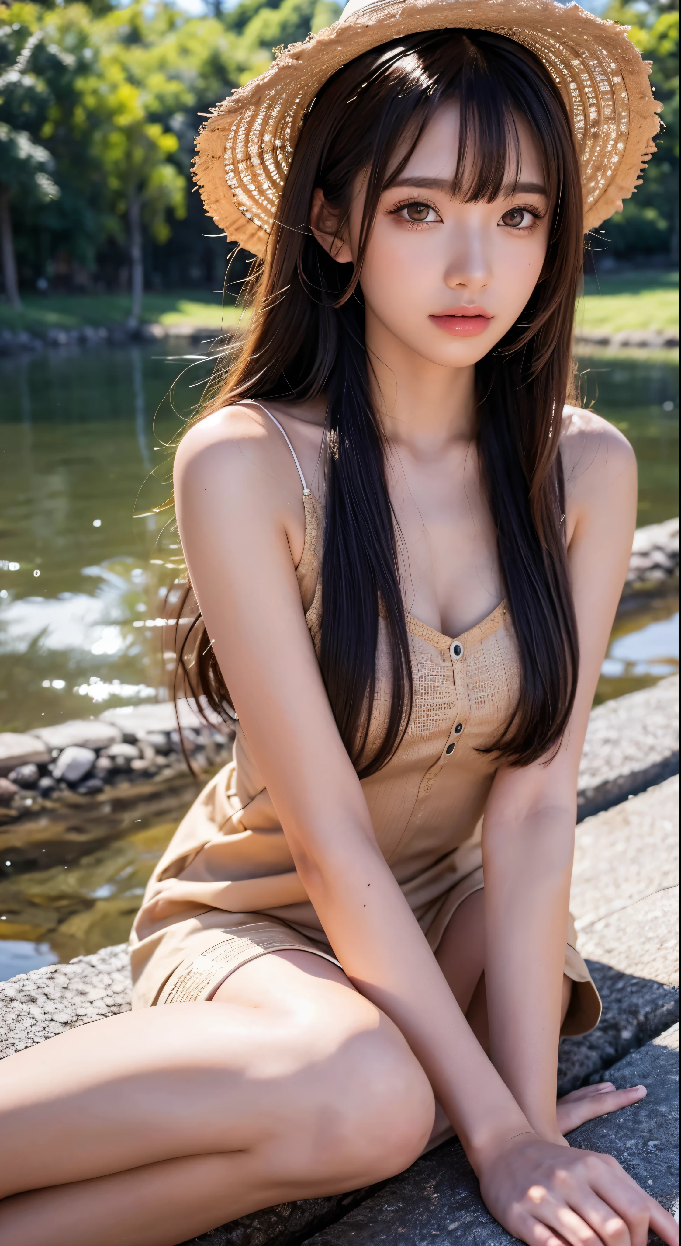 Anime character Brazilian indigenous adult woman, beige dress, brown skin, long hair with bangs, sitting on the riverside, masterpiece, best quality, detailed skin, detailed eyes, orange eyes,8k, good shading, beautiful strokes, detailed background, good anatomy  