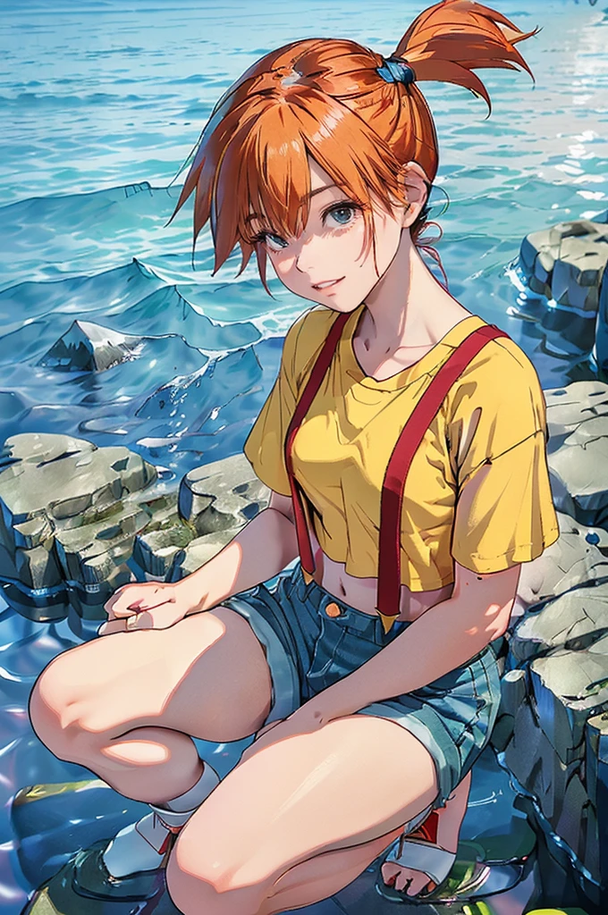 (masterpiece,Highest quality,In 8K,Very detailed,High resolution,Realistic:1.2), (Small plain yellow shirt, Red suspenders, Navy blue risqué denim hot pants, Emphasize the V-line, Beautiful barefoot, White socks, Red sneakers:1.5), (Orange Hair, Short Side Tail:1.3),(Squatting on rocks on a tropical beach:1.5), (Shooting from the thigh up:1.5),(Turn your face slightly to the side:1.2), (18 year old Japanese female:1.3), (Lean upper body:1.3), (Thicken your thighs:1.3), (View of the subject from below:1.2), (Draw the details of the costume:1.3), smile, I can see your teeth, Eyelash extensions,Pink lipstick, Red teak