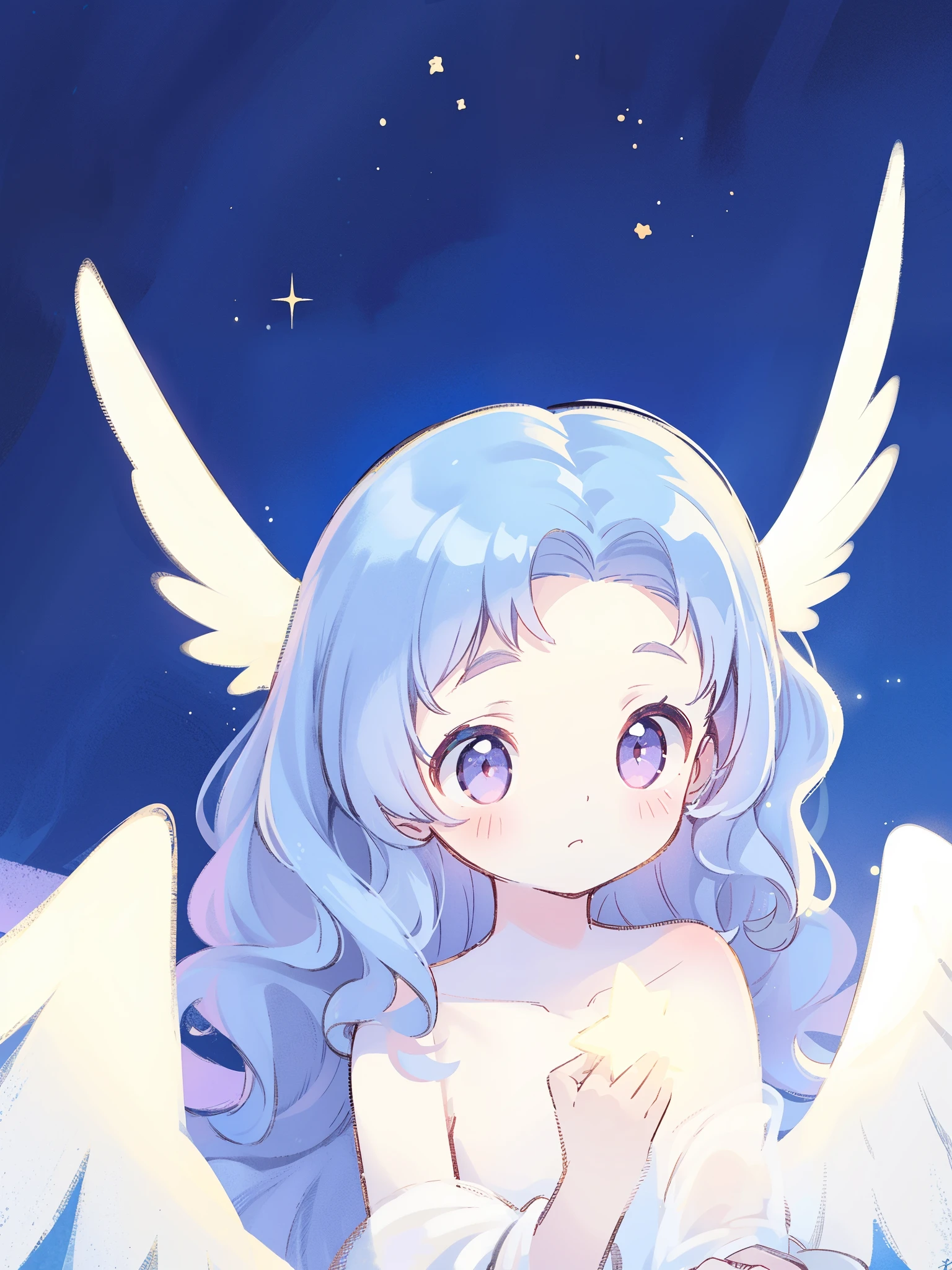 nude angel girl wearing an ethereal translucent dress, pale skin, ((wavy gradient blue purple hair)), white feathers, angel wings, sparkling detailed eyes, golden ratio face, perfect composition, highly detailed, ethereal, (starry night sky background), midjourney style