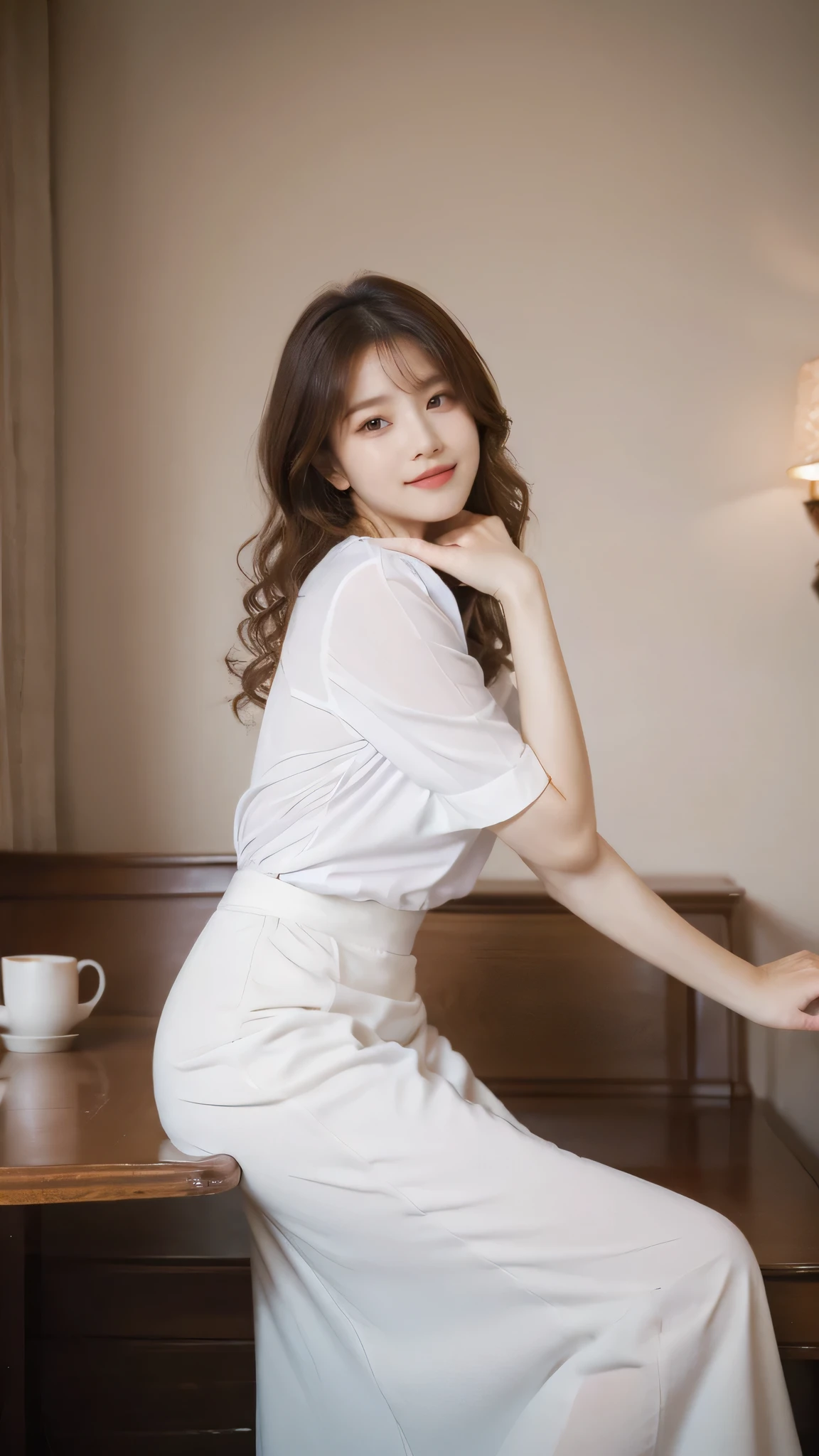 detailed background, masterpiece, best quality, 1 person , curly hair, long hair, purple eyes, star in eye, white Strapless blouse, long skirt, sitting on dinning table