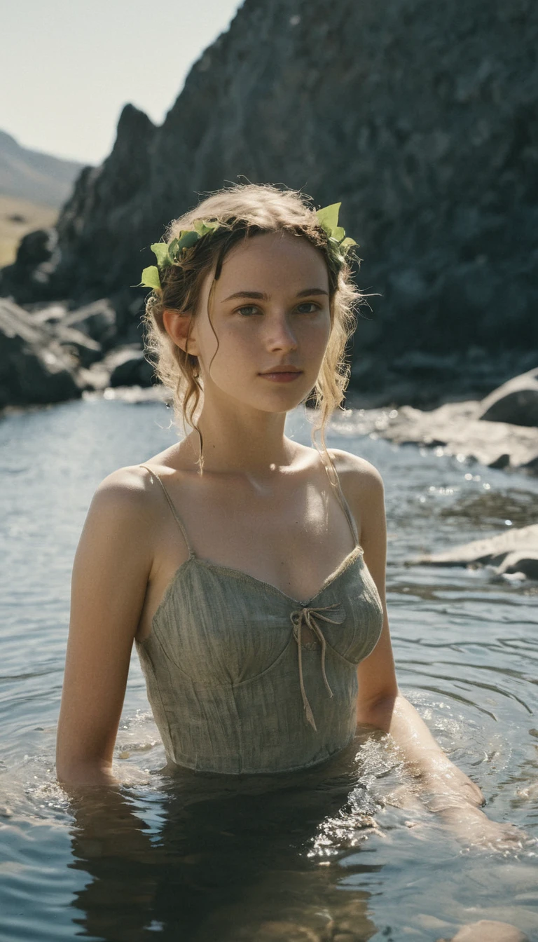 analog film photo, photo of a young elf girl, 18 years-old, elf, elf ears, long pointy ears, messy hair, sun-kissed complexion, goosebumps, pretty, natural beauty, tall, full hourglass figure, wearing linen undergarments, posing in a steamy volcanic hot spring, resembles a young Robin Wright, RAW Photograph, dslr, soft lighting, high quality, film grain, Fujifilm XT3, detailed skin with visible pores, insane details, masterpiece, 8k, 35mm photograph, dslr, kodachrome, faded film, desaturated, grainy, vintage, Lomography, stained, highly detailed, found footage, close-up shot, elven ears