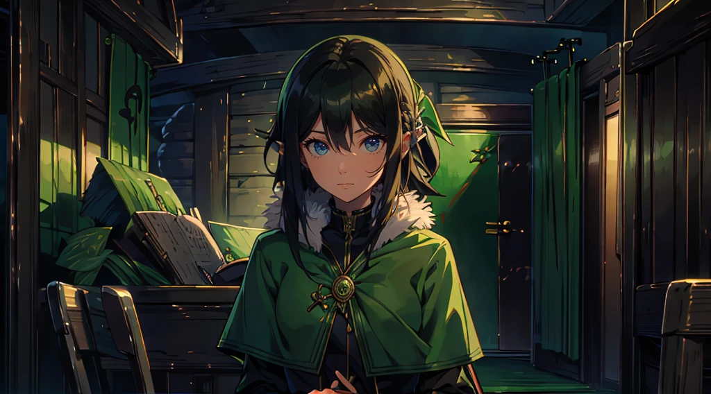 yuichiro hyakuya girl, (WithoutFear:1), 1 girl, black hair, green eyes, brown coat, gray armor, elves, sylvan, green shield, green cloak, dark brown gloves, forest, white fur trim, anime, standing, good quality, portrait, looking at viewer