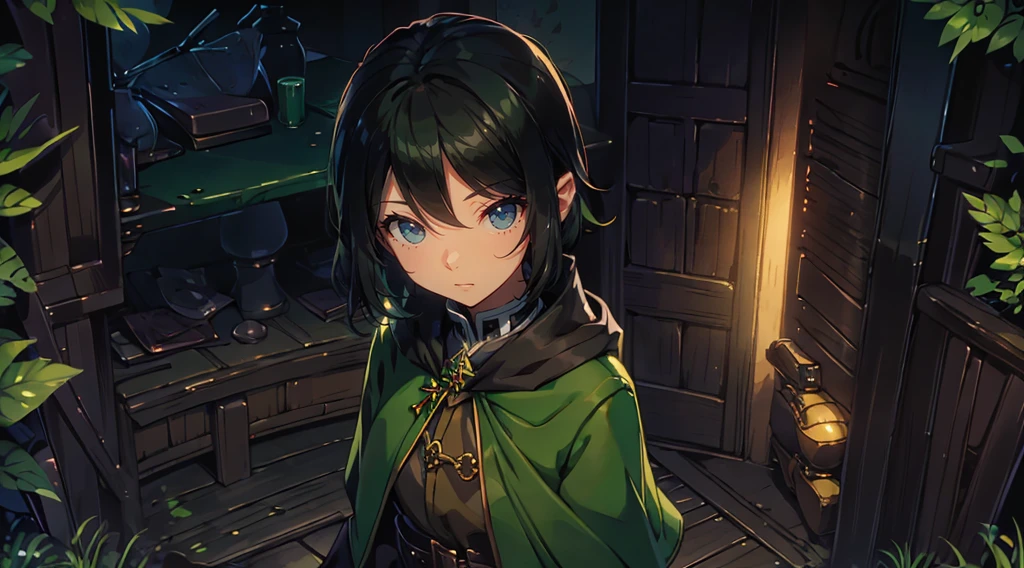 yuichiro hyakuya girl, (WithoutFear:1), 1 girl, black hair, green eyes, brown coat, gray armor, elves, sylvan, green shield, green cloak, dark brown gloves, forest, white fur trim, anime, standing, good quality, portrait, looking at viewer