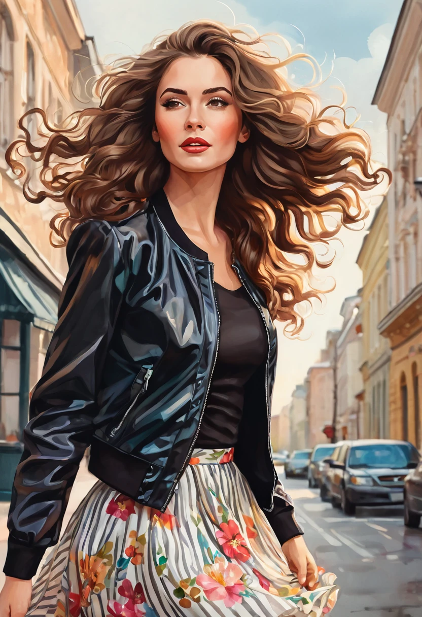 watercolor illustration, centered art. The image features a charming russian woman with long, curly brown hair blowing in the wind, she is in a cartoon style, looking at the camera. She is dressed in a black jacket and floral skirt, with a striped blouse underneath, adding a splash of color to her look. A white flower adorns her head, complementing her look. She is standing against a white background. by Teagan White
