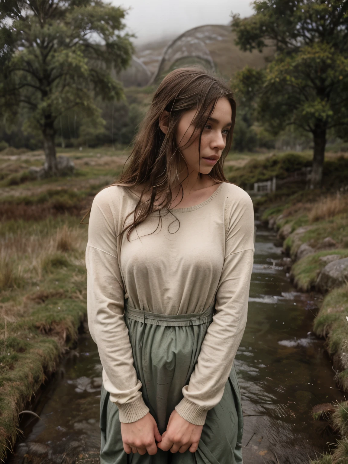 **A vivid and evocative scene featuring a beautiful 19-year-old Irish girl drenched by gentle rain, walking gracefully through the misty Connemara moor. She is dressed in dirty, torn clothes, including a long Irish dress and a sweater, with her attire soaked through. The rain-soaked fabric enhances the sensory experience of the scene, with droplets clinging to her and creating a texture of wetness. The ethereal ambiance of the moor and her resilient yet graceful presence amidst the natural beauty of the landscape are captured with enchanting allure. Her wavy ginger hair, shoulder-length and tousled by the wind, frames her face, while her gray eyes and pale skin with light freckles add to the mystical Irish vibe. The detailed setting includes muddy ground, scattered rocks, mist, and raindrops on leaves. The stormy sky is overcast with gray clouds, and the Connemara mountains provide a dramatic backdrop. The scene is depicted in high detail with natural lighting, capturing the complex textures and atmosphere of the moor, featuring wet grass, puddles, and peaty soil. The color palette includes gray, green, brown, white, black, yellow, blue, purple, red, orange, and tan, reflecting the varied natural elements like moss, heather, bracken broom, gorse, granite, quartz, and schist.** - Dirty, torn clothes - Long Irish dress - Sweater - Wet fabric - Mud - Rocks - Mist - Rain droplets - Moss - Heather - Grass - Puddles - Raindrops on leaves - Stormy sky - Wet hair - Damp earth - Gray clouds - Overcast - Mountain slopes - Rolling hills - Stone walls - Peaty soil - Bracken broom - Gorse - Granite - Quartz - Schist - Gray - Green - Brown - White - Black - Yellow - Blue - Purple - Red - Orange - Tan