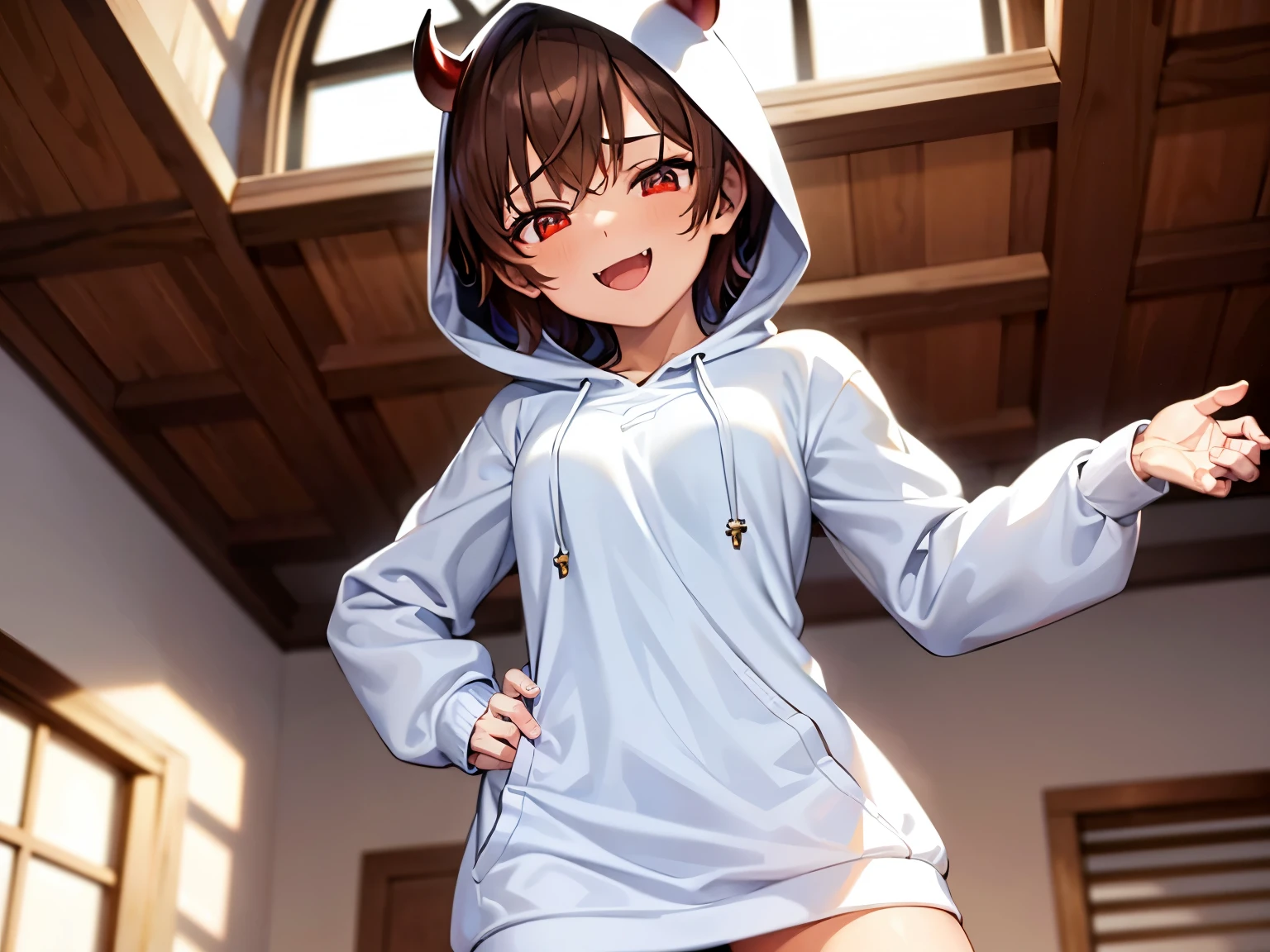 (SFW:1.5),(small breasts:1.3),beautiful, masterpiece, Highest quality, anime,(1athletic female:1.5), (alone:1.5), look at viewer, Intricate details, (Shining Eyes:1.3),(Beautifully detailed eyes:1.1),(Eyes are bright red:1.5),(short hair:1.5),(sidelocks:1.4),(Demon horns on head:1.5),(Brown Hair:1.5), (slant eyes), Cheerful eyes,(Mouth wide open and fangs:1.3),(white clothing:1.5),(hoodie dress:1.5),(Sharp focus:1.2),from front,(light smile:1),(upper body),aggressive,(hood:1.3),