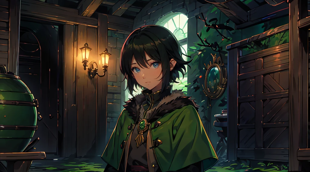 yuichiro hyakuya girl, (WithoutFear:1), 1 girl, black hair, green eyes, brown coat, gray armor, elves, sylvan, green shield, green cloak, dark brown gloves, forest, white fur trim, anime, standing, good quality, portrait, looking at viewer