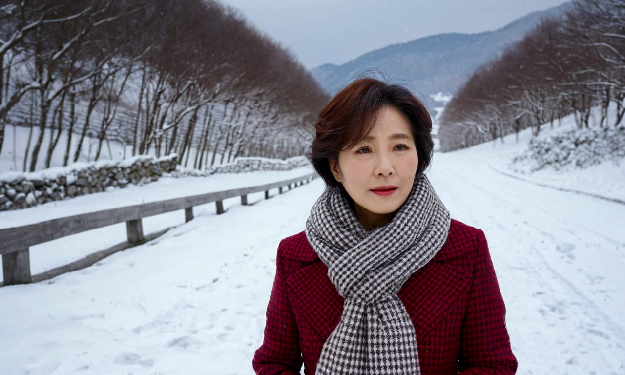 Beautiful woman,Front body、whole bodyショット、flared skirt、cold、winter,snow scene,snowfall,white fluffy coat,Red checked wool scarf,Detailed description of hands、Short hair、Short hair、whole body、red check muffler、strong sunlight、shadow expression、looking into the distance, Korean woman in her 50s, Switzerland, 멀리 융프라우 snow scene이 보인다. thick muffler, Canon camera 16-35 wide angle lens