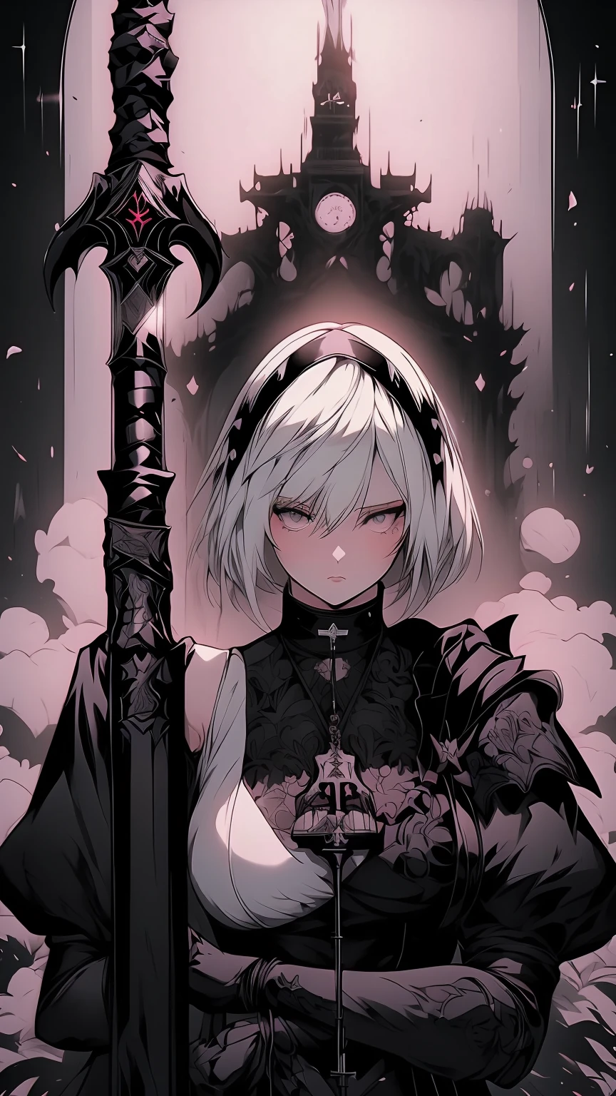 A woman in a white dress holding a large black and white scythe, Gwaiz on pixiv artstation, Gwaiz on artstation pixiv, Kschaert Krentz Key Art Feminine, From Arknights, Gwaiz, artstation pixivでトレンド, 2B Nier Automata, nier 2b ..., Never love yourself, 2b ...