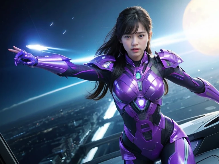 (RAW Photos, Highest quality), (Realistic, Photorealistic:1.3), 1 girl、Realisticbody、Purple battle costume、Meteor warrior flying from space、Fighting the reptilian aliens、Shielded Reflector Laser、smile