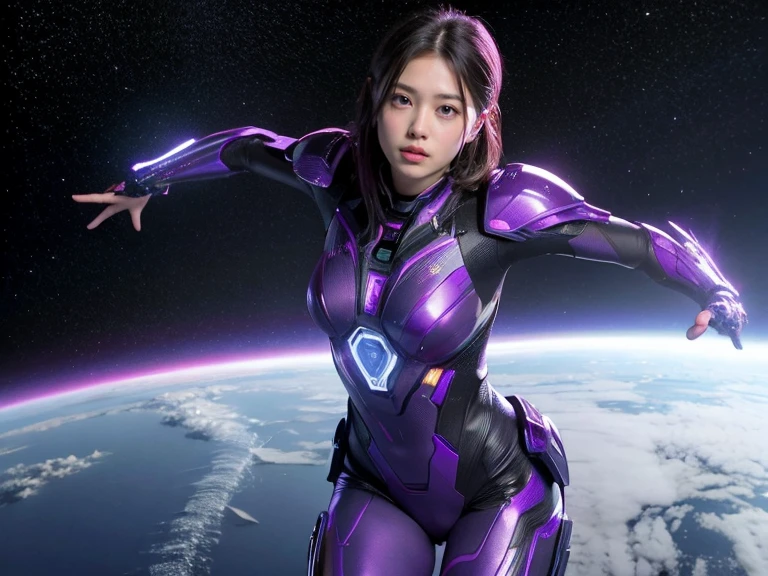(RAW Photos, Highest quality), (Realistic, Photorealistic:1.3), 1 girl、Realisticbody、Purple battle costume、Meteor warrior flying from space、Fighting the reptilian aliens、Shielded Reflector Laser、smile