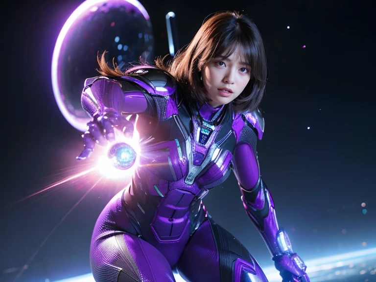 (RAW Photos, Highest quality), (Realistic, Photorealistic:1.3), 1 girl、Realisticbody、Purple battle costume、Meteor warrior flying from space、Fighting the reptilian aliens、Shielded Reflector Laser、smile