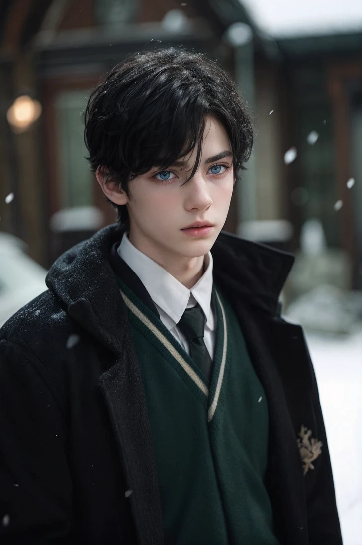 the boy had short black hair, dark blue eyes, with a fine face and marked features, his skin was pale.