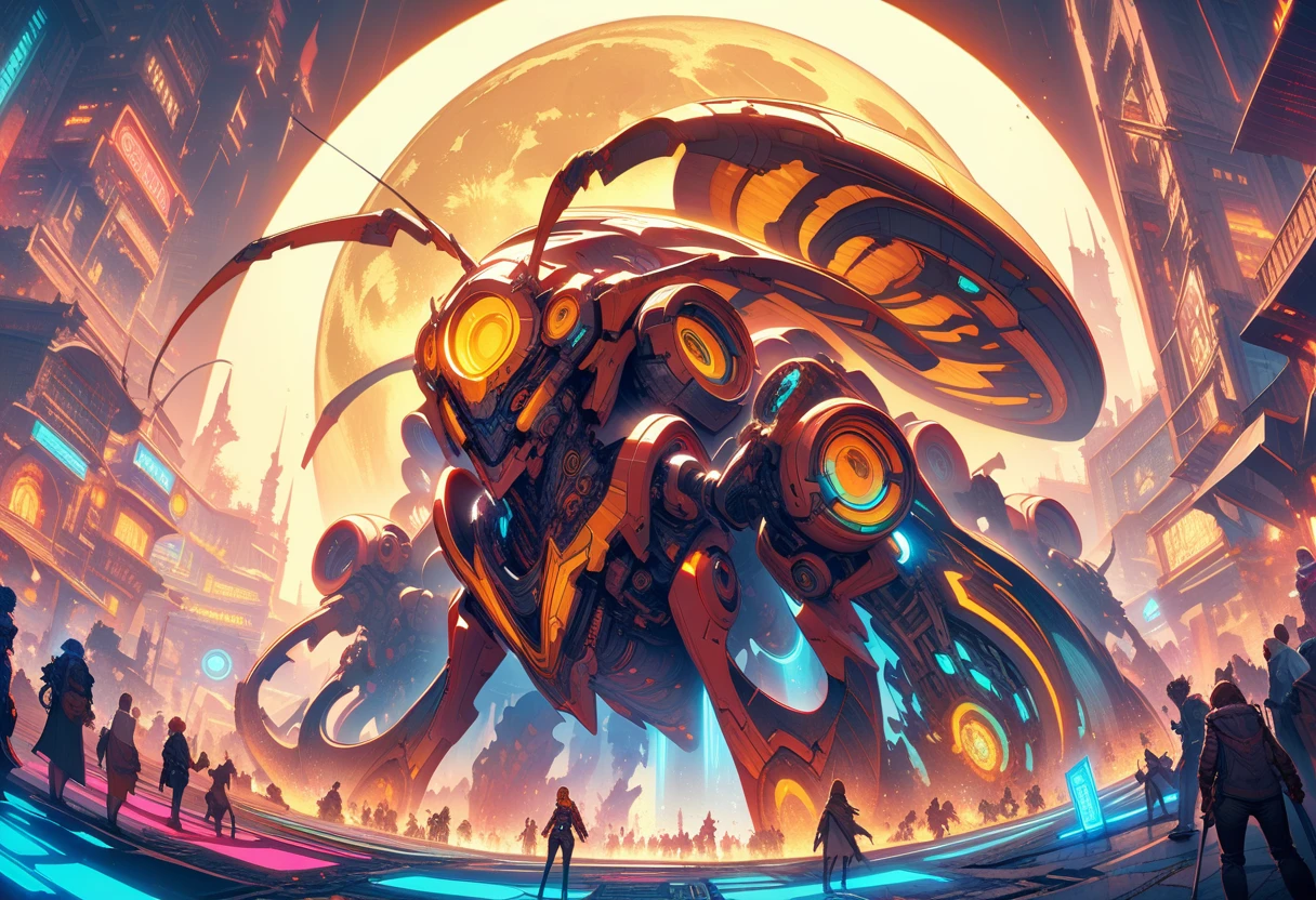 ((best quality)) , ((masterpiece)) , (detailentasy illustration of an enormous wasp with glowing eyes, surrounded cheering people in the style of magic The gathering card art. In front is a large yellow moon over a fantasy town background. Vibrant colors are used.,(biomechanical style . blend of organic and mechanical elements, futuristic, cybernetic, detailed, intricate)