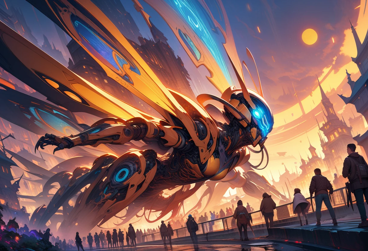 ((best quality)) , ((masterpiece)) , (detailentasy illustration of an enormous wasp with glowing eyes, surrounded cheering people in the style of magic The gathering card art. In front is a large yellow moon over a fantasy town background. Vibrant colors are used.，(biomechanical style . blend of organic and mechanical elements, futuristic, cybernetic, detailed, intricate)