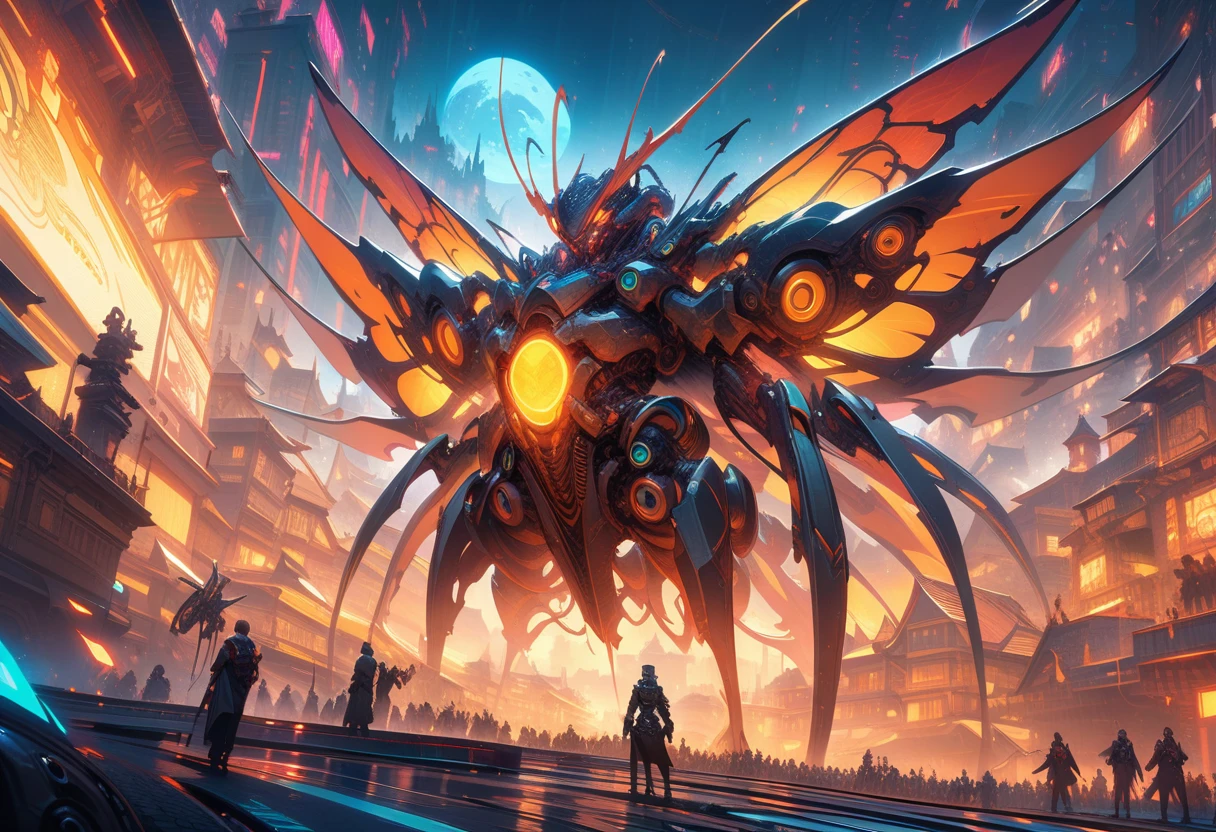 ((best quality)) , ((masterpiece)) , (detailentasy illustration of an enormous wasp with glowing eyes, surrounded cheering people in the style of magic The gathering card art. In front is a large yellow moon over a fantasy town background. Vibrant colors are used.,(biomechanical style . blend of organic and mechanical elements, futuristic, cybernetic, detailed, intricate)