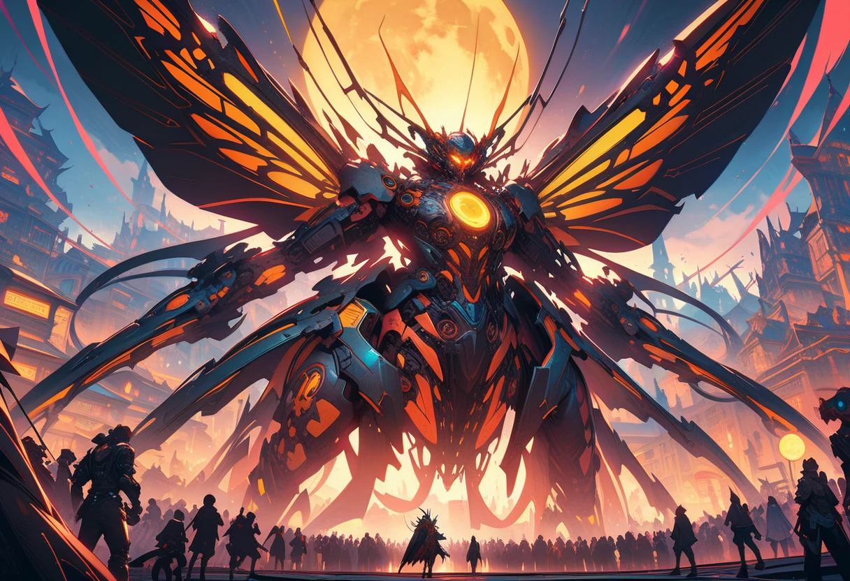 ((best quality)) , ((masterpiece)) , (detailentasy illustration of an enormous wasp with glowing eyes, surrounded cheering people in the style of magic The gathering card art. In front is a large yellow moon over a fantasy town background. Vibrant colors are used.,(biomechanical style . blend of organic and mechanical elements, futuristic, cybernetic, detailed, intricate)
