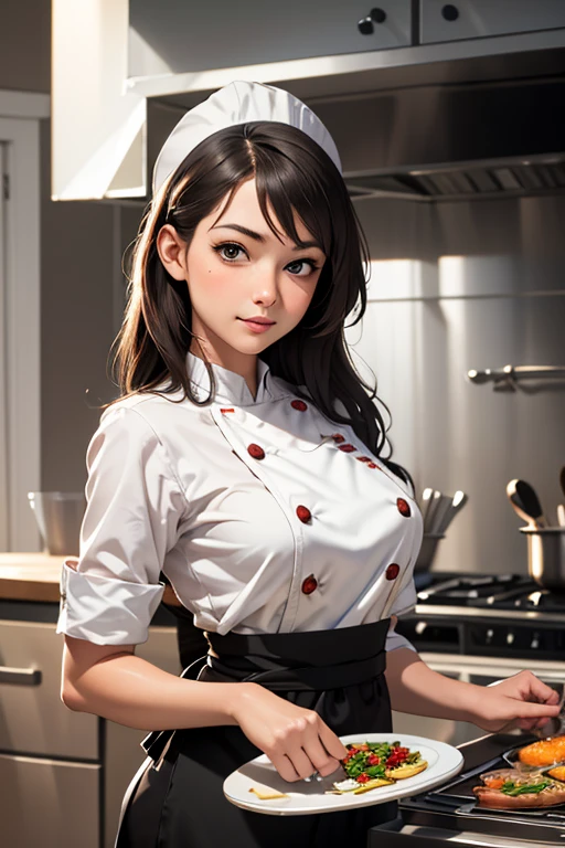 Highest quality High resolution Simple French restaurant kitchen Cute sous chef girl Chef's hat Chef's white coat