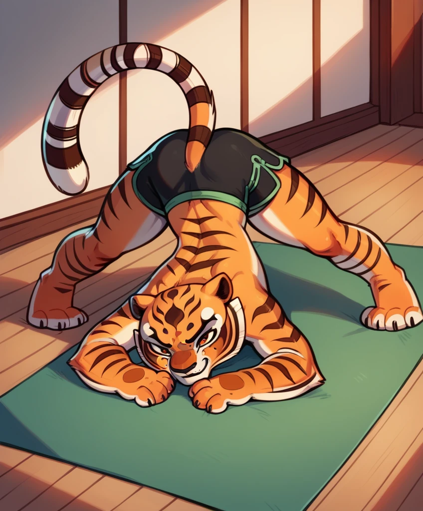 Kung Fu Panda, Master Tigress, Pose, Yoga, wearing black shorts,  body, 