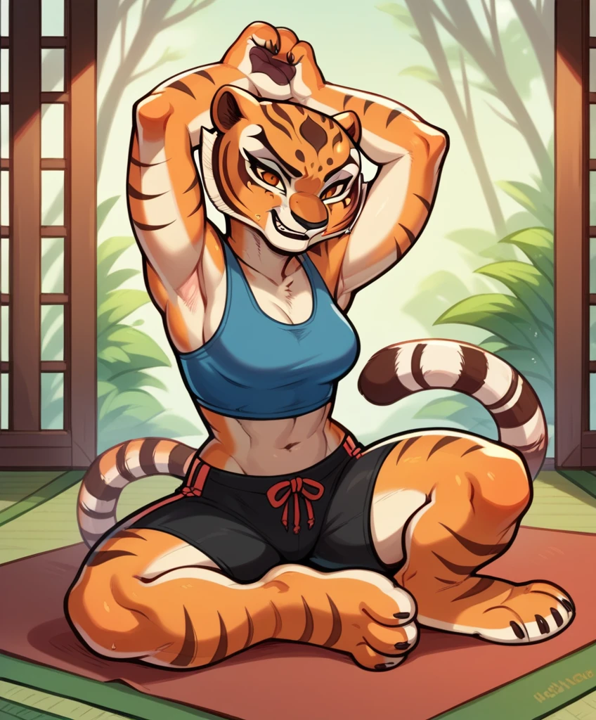Kung Fu Panda, Master Tigress, Pose, Yoga, wearing black shorts, sexy body,