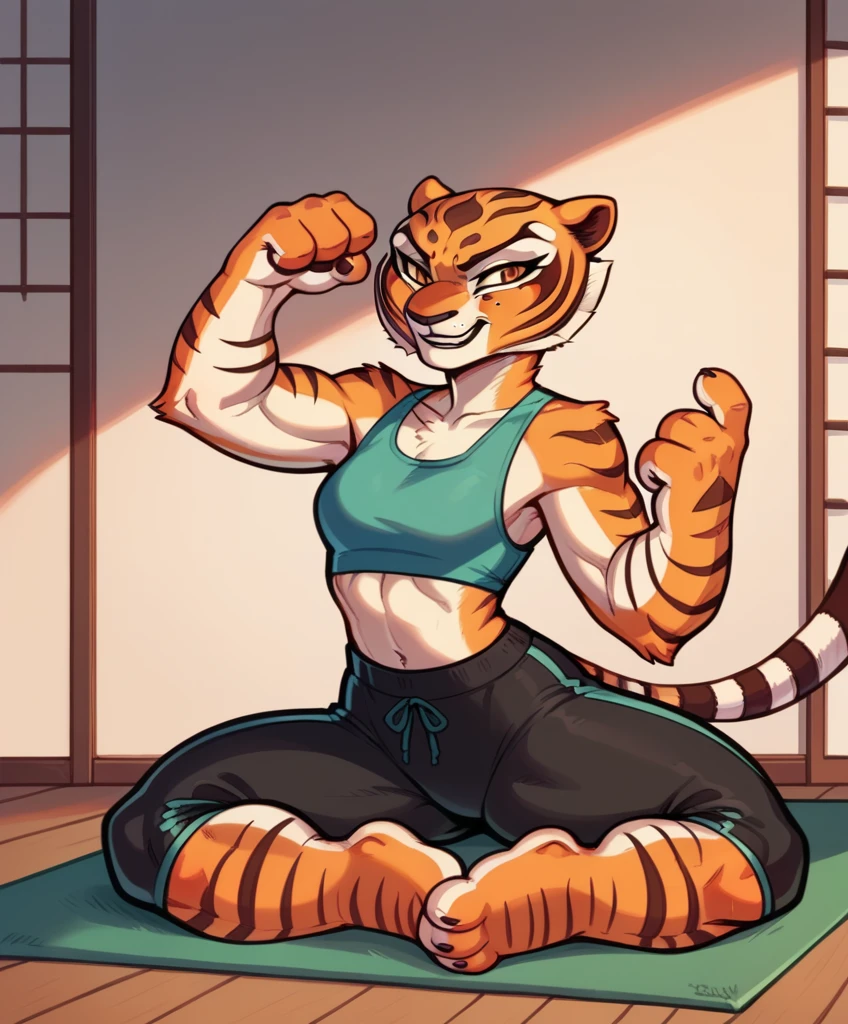 Kung Fu Panda, Master Tigress, Pose, Yoga, wearing black shorts, sexy body,