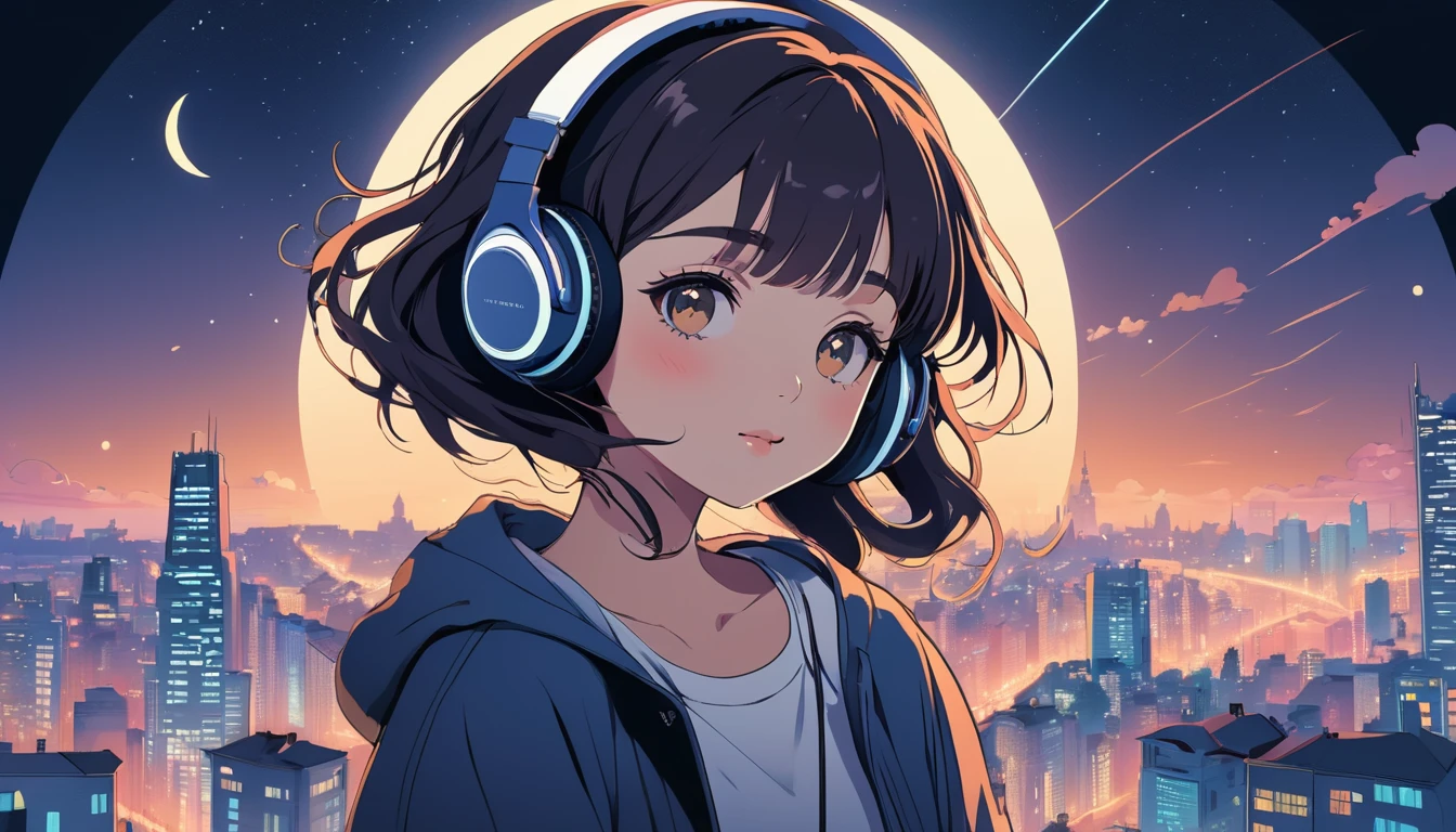 Girl with headphones, City of night、Wide-angle lens, Lofi Anime, Lofi illustration, Aesthetic atmosphere, Lo-Fi Style, Vector art, Flat Design, Simple shape, Warm tones, Pleasant atmosphere, Chill, In anime style, Digital drawing, Vector art, Vector logo for t-shirt printing, (Adorable:1.5), (small:1.4), (Playful:1.2), (soft:1.3), (Whimsical:1.1), masterpiece, Highest quality, 8k, Intricate details, grow, Celestial, Mysterious, Picturesque, amazing, Majestic, Magic, Fantasy art, Cover art, dream-like