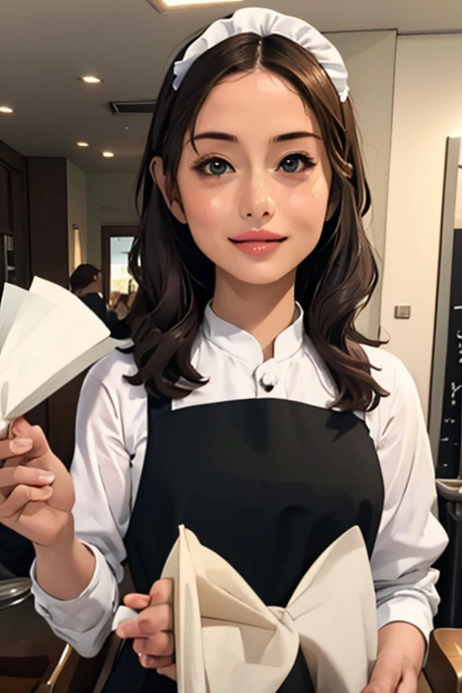 Highest quality　High resolution　Simple　French Restaurant　Cute waitress　Carrying food　Maid clothes