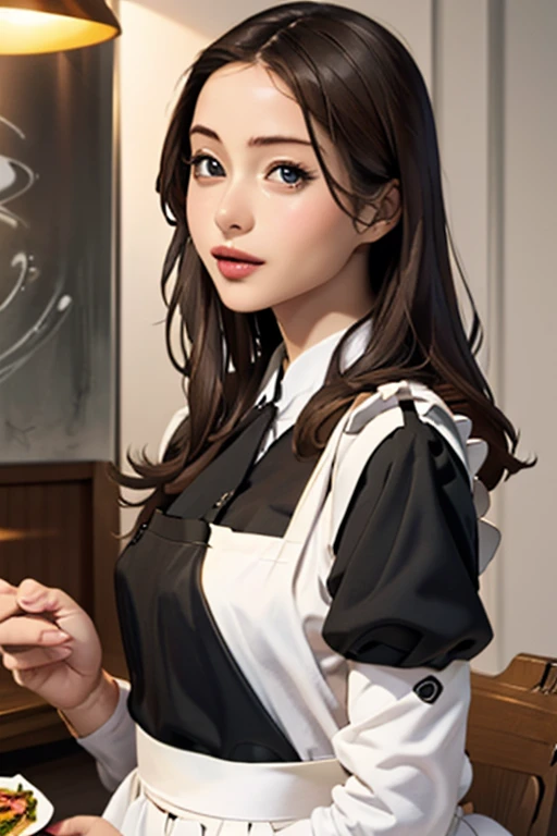 Highest quality　High resolution　Simple　French Restaurant　Cute waitress　Carrying food　Maid clothes