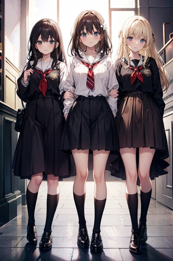 three girls, school, class, ((black)), blond, ((brown)), standing