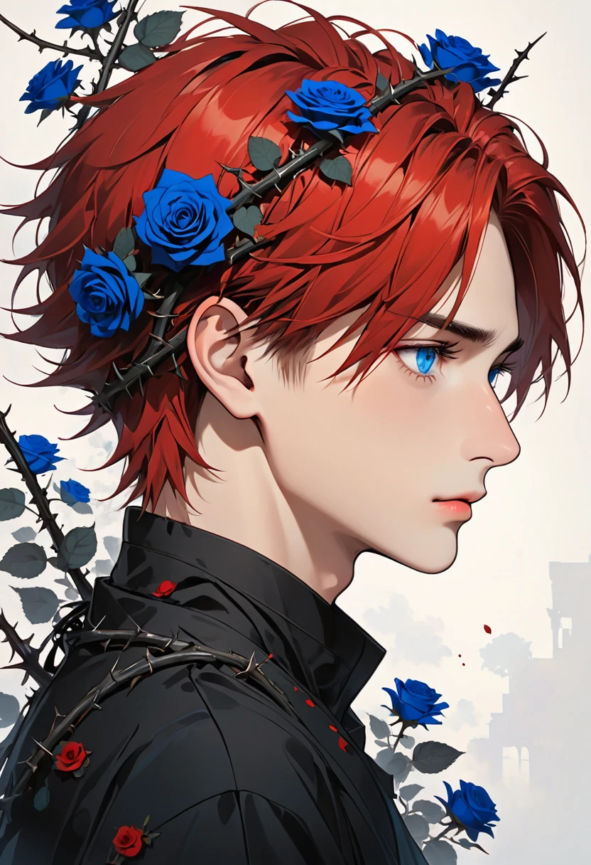 Imagine the side profile of an 18 y boy with short tousled red hair and blue round eyes with a straight nose, thin lips, long forehead tied up with black roses and thorns that imprisoned his body