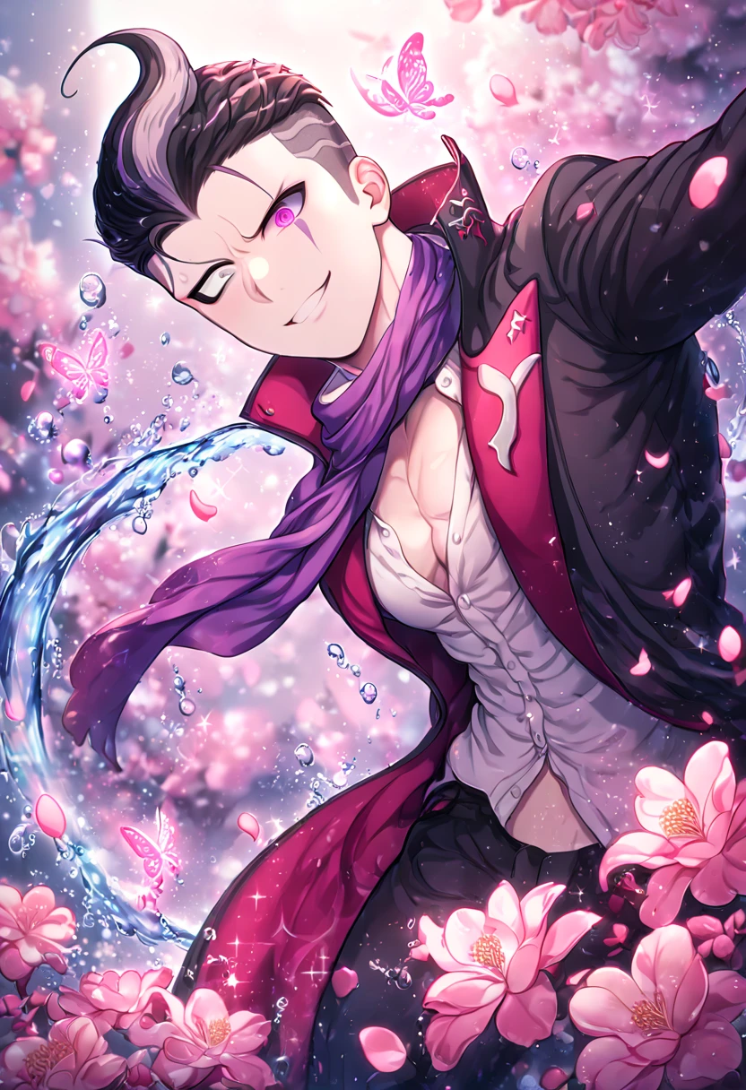 absurdres, highres, ultra detailed, HDR, master piece, best quality, Tanaka Gundham, black hair, heterochromia, right eye is red, left eye is gray, Danganronpa, solo, sexy man, handsome, sensual, horny, smile, black coat, white shirt, purple scarf, water, fantasy, magical, shining, pink flowers, pink blossoms, pink petals, pink butterflies, sparkling glass