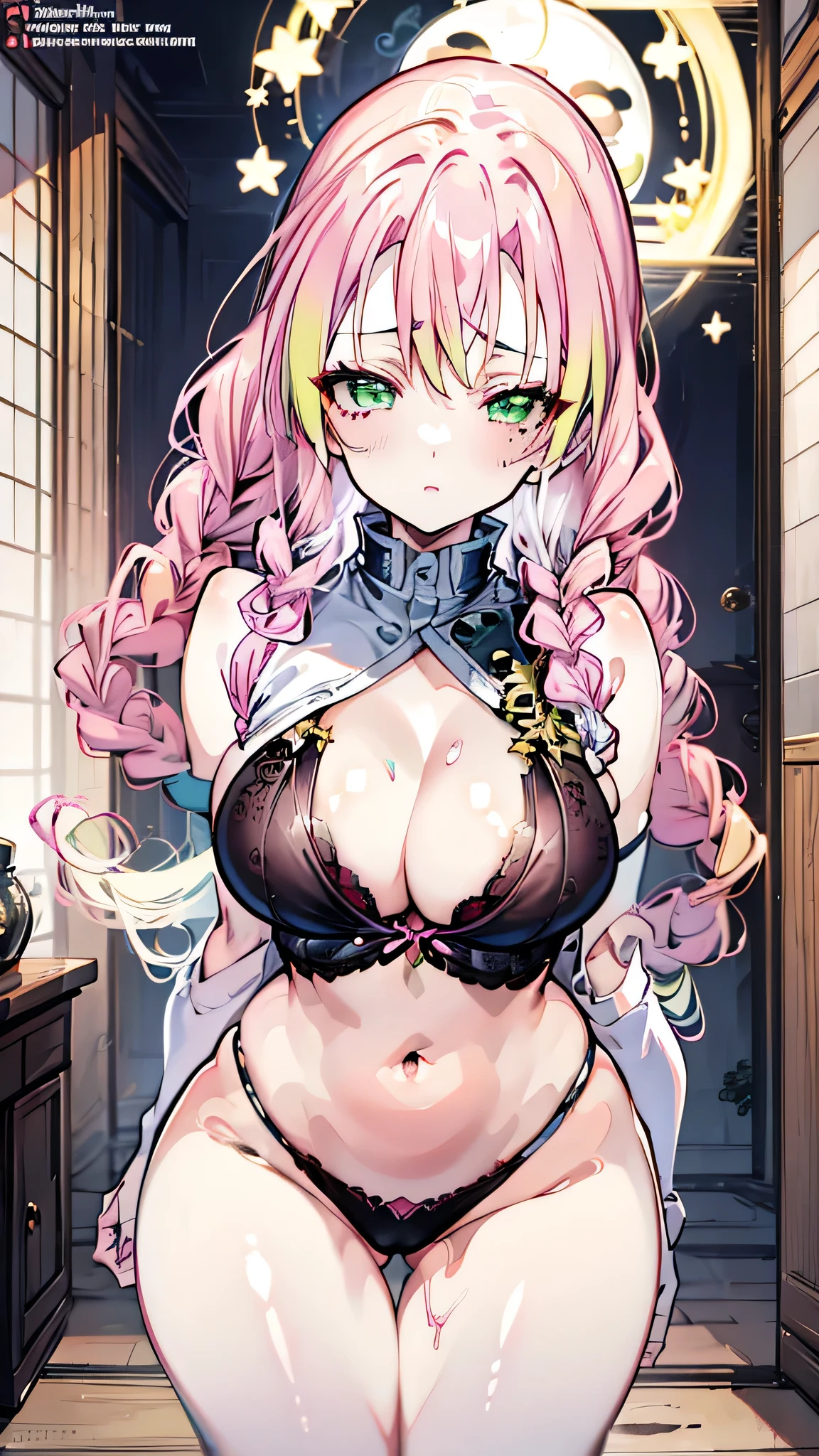 Cartoon image of a woman with pink hair and green eyes, Fascinating anime, Translucent light green panties, Large Breasts, Very quiet pink bra, Very sexy, I also make fan art, , Shirabii, wonderful, TİTS, eye, Spy x Family, haruno sakura, rei hiroe, ahegao, Anime Goddess, Taking a cautious pose, Naughty anime style, anime waifu