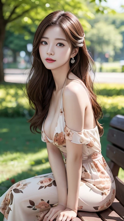 photography of a brightly sangmi nam who is korean actress,masterpiece,photorealistic,analog,realism,korean idol,slim leg, long_brown_hair,1 girl, very bright backlighting, solo, {beautiful and detailed eyes},large breasts, calm expression, natural and soft light, hair blown by the breeze, delicate facial features, Blunt bangs, beautiful Korean girl,eye smile, very small earrings, 22yo, ((model pose)), Glamor body type,(half red and half brown hair,long wavy hair:1.2), flim grain, realhands, masterpiece, Best Quality, photorealistic, ultra-detailed, finely detailed, high resolution,brown messy hair, perfect dynamic composition, beautiful detailed eyes,Korean girl,((nervous and embarrassed)),sharp-focus, beautymix, FilmGirl,shy smile,(wearing a floral dress:1.3),(sitting on the brown bench in a park,gazing into the distance:1.3),(fullbody shot:1.3),facing reality