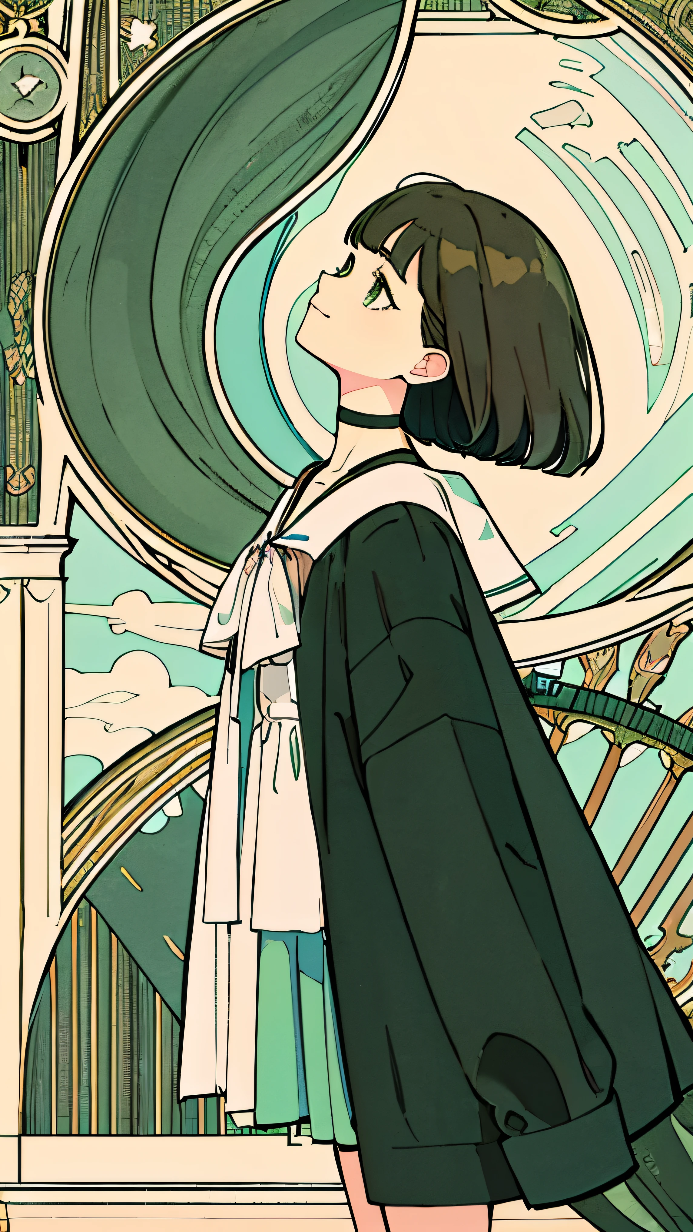 art nouveau. In 8K、Large file size、Intricate details, Better Quality, One girl, young, high resolution、Straight bangs、Black short bob、Cute Girl、Green Eyes、Choker around the neck、 alone,  Full Body Capture,  profile, Outdoor, heaven,