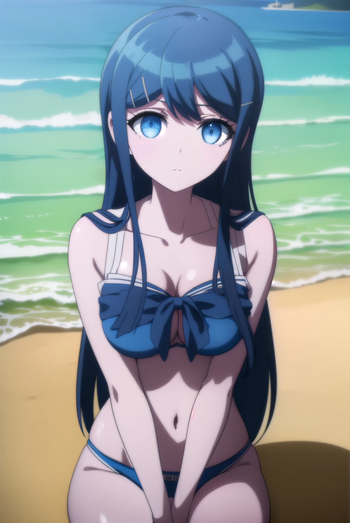 sayakamaizono, sayaka maizono, long hair, bangs, blue eyes, hair ornament, blue hair, hairclip, bow, (((large breast))) , collarbone, big_breast, serafuku, bowtie, looking at viewer, (masterpiece:1.2), best quality, high resolution, unity 8k wallpaper, (illustration:0.8), (beautiful detailed eyes:1.6), extremely detailed face, perfect lighting, extremely detailed CG, (perfect hands, perfect anatomy), 1 girl, girl facing viewer, girl sitting on beach, blue_bikini, beach_background