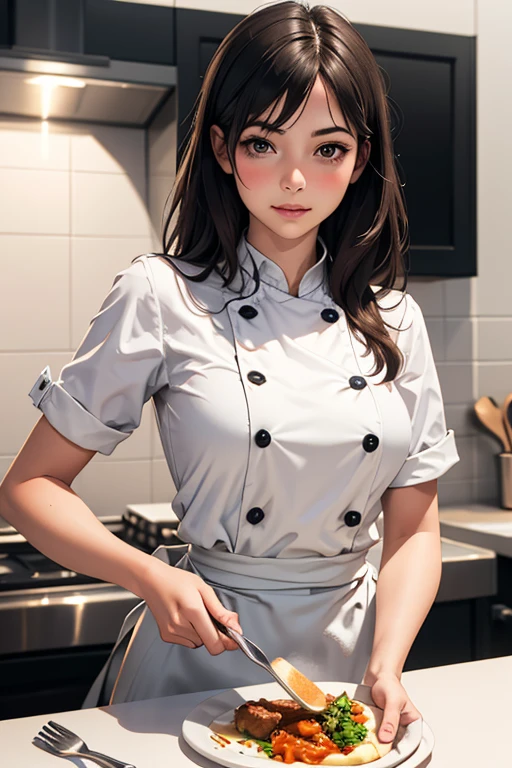 Highest quality　High resolution　Simple　French restaurant kitchen　Cute sous chef girl　Chef&#39;s hat　Chef&#39;s white coat　