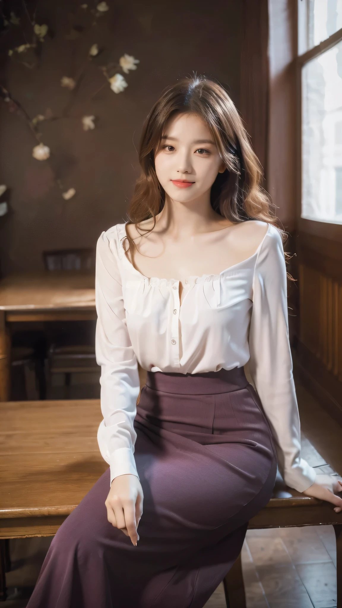 detailed background, masterpiece, best quality, 1 person , curly hair, long hair, purple eyes, star in eye, pink Strapless blouse, long skirt, sitting on dinning table.